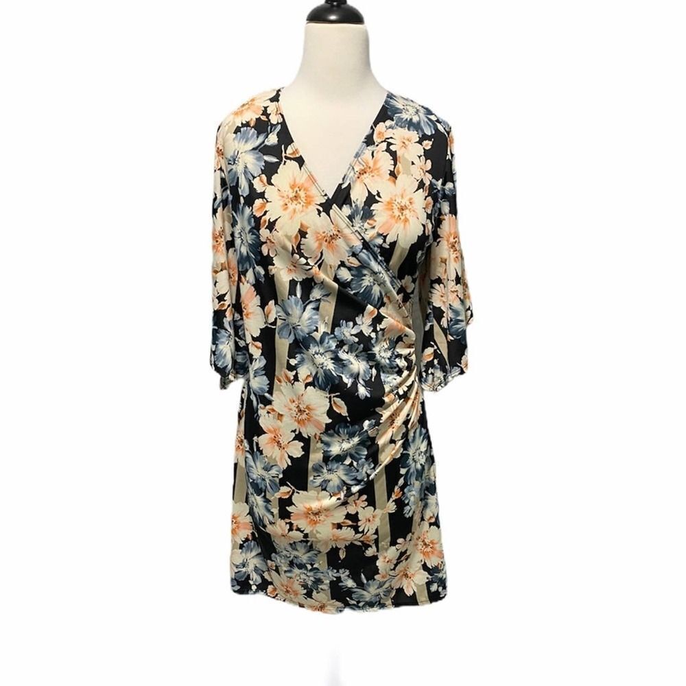 JBS Floral Faux Wrap Dress V-Neck Long Sleeve‎ Knee Length Black Pink Blue 10